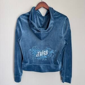 Juicy Couture Vintage Velour Hoodie Blue Zip Up Graphic Back Logo Y2K 2000s